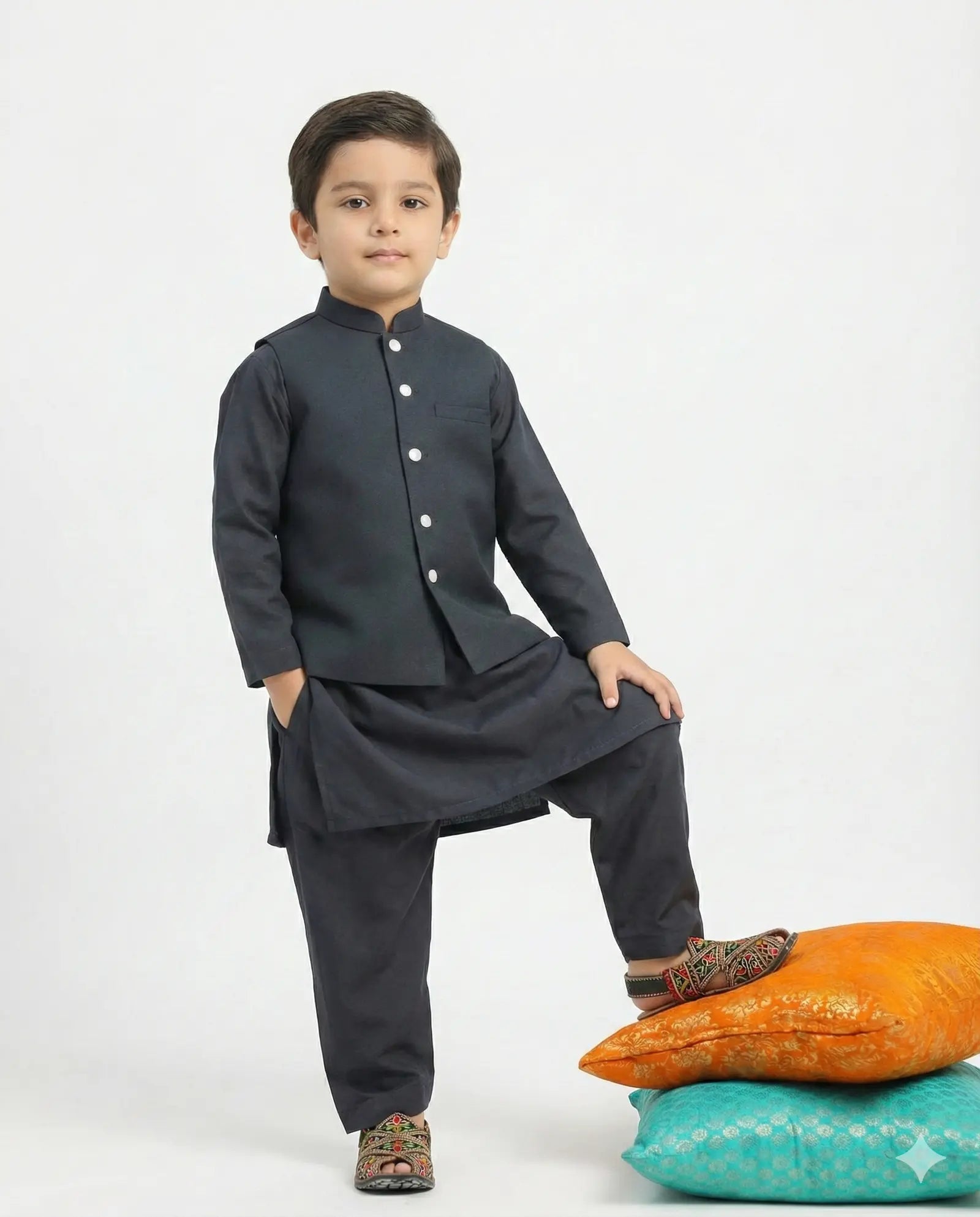 boys charcoal grey kurta shalwar & waistcoat set festive ethnic wear for kids